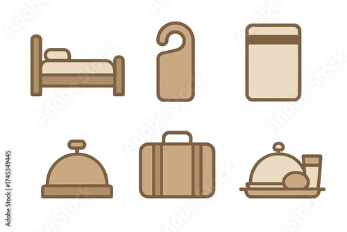 Set of hospitality icons featuring lodging, travel, and guest services symbols