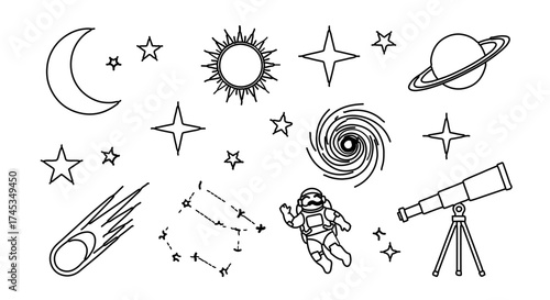 Hand drawn space elements collection of cosmos objects, sun, moon, stars, planet