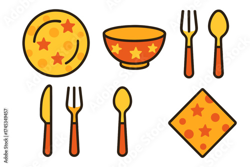 Stylized collection of tableware including plate, bowl, knife, fork, spoon, and patterned napkin