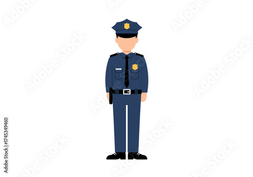 Flat design illustration of a police officer in blue uniform standing with cap and badges.