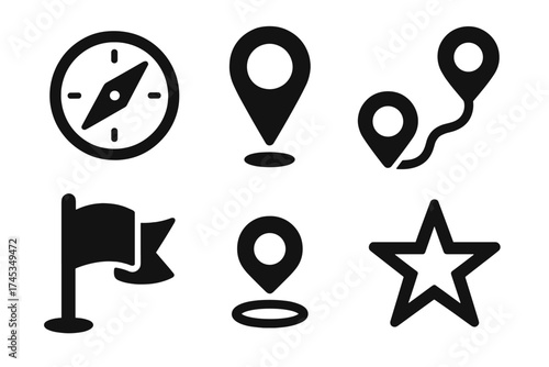Essential navigation and location symbols including compass, map pins, route path, flag, and favorite star