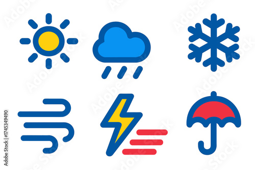 Set of six basic weather condition icons featuring sun, rain, snow, wind, lightning, and umbrella symbols