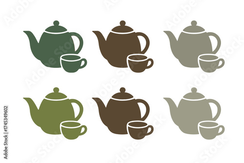 Stylized collection of six teapot and teacup icons in muted earthy colors