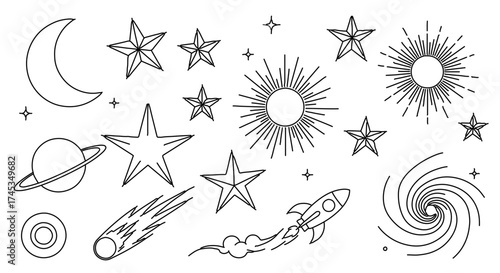 Set of space elements, including planets, stars, moon, sun, rocket and comet