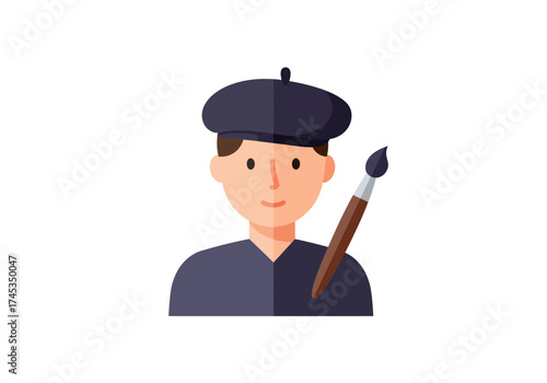 Smiling flat design artist character wearing beret holding paintbrush creative profession icon.
