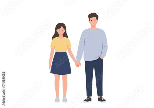 Cartoon Couple Holding Hands Woman in Yellow Shirt and Man in Blue Sweater.