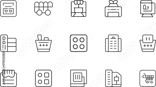 Collection of hand-drawn outline icons representing various retail and service symbols Icon set