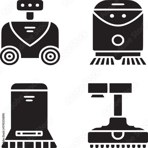 Four black and white cleaning robot icons arranged in a square on a white background design layout