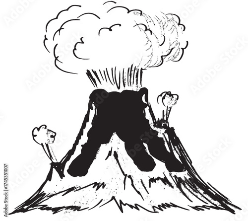 Black and White Volcano Eruption Grunge Illustration with Smoke Cloud and Lava Flow Drawing
