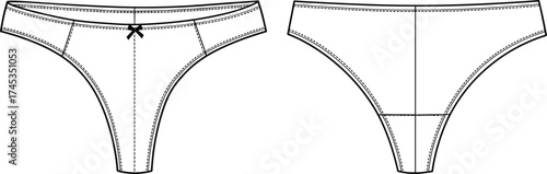 Thong underwear technical flat sketch, front and back view, decorative bow, center seam, lingerie panties design, cad drawing flat vector illustration