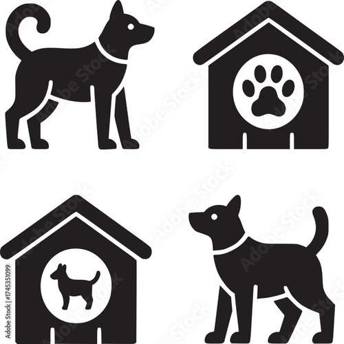 A collection of dog and doghouse icons in black silhouette on a white isolated background design