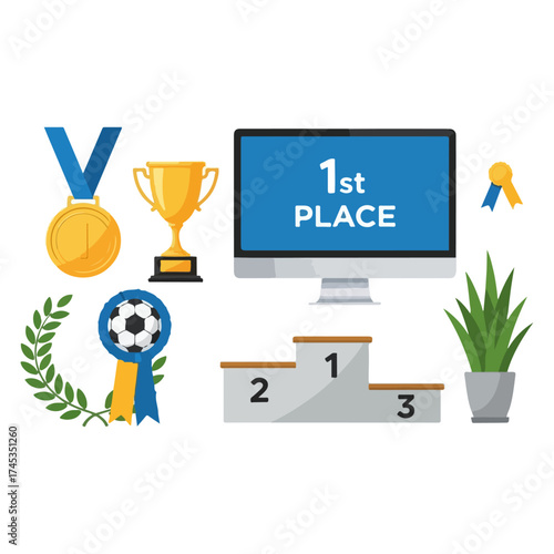 Sports competition awards and victory celebration on display.