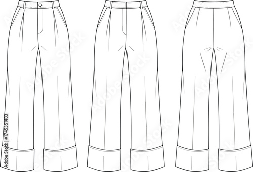 Wide leg pants technical flat sketch, front, 3/4, and back view, high waist, pleats, cuffed hem, cad drawing flat vector illustration