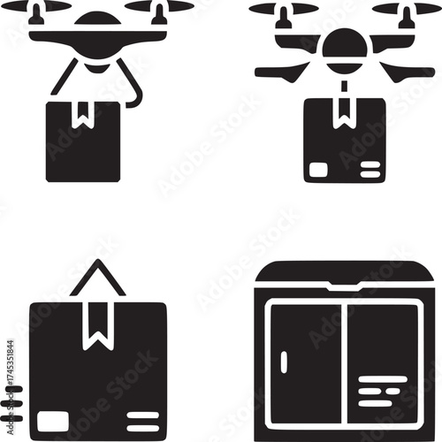 Four delivery icons featuring drones carrying packages and boxes in a square black and white layout