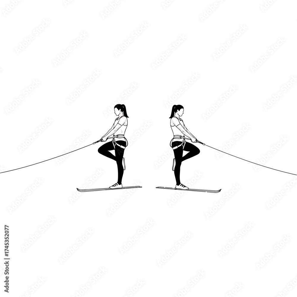 Fototapeta premium Two women on skis, focused on balance and strength training.