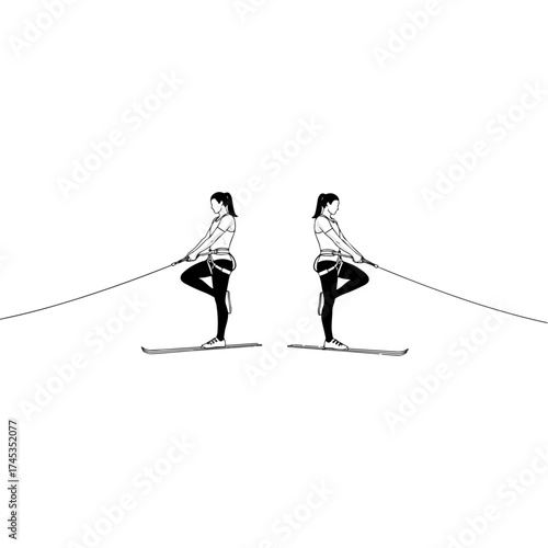Two women on skis, focused on balance and strength training.