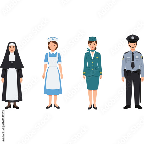 Diverse Professionals in Uniforms - Nurse, Stewardess, Policeman, and Nun.