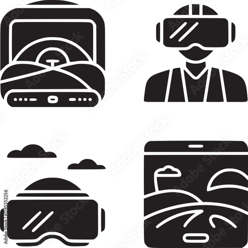 Depiction of virtual reality devices including headsets and simulation technology in black glyph icons