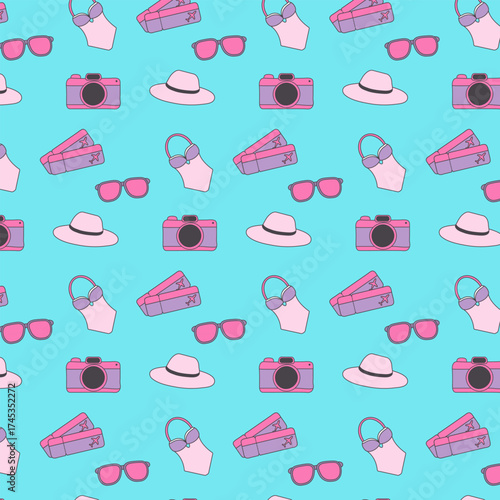 A colourful seamless pattern displays various summer vacation icons. Sunglasses, swimsuits, cameras, suitcases, and sun hats are featured on a light blue background.