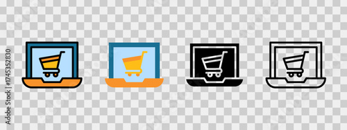 Icon versions of a laptop with a shopping cart symbol, suitable for web design and online shopping platform concepts.