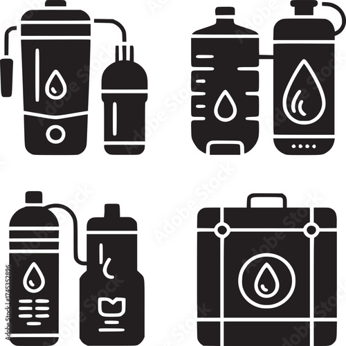 Various black and white water filtration devices and containers in a grid arrangement design set