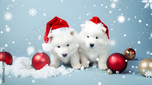 Christmas Puppies: White Pomeranian Spitz Wearing Santa Hats—Adorable Fluffy Tiny Canines with Festive Red Headgear, Perfect for Christmas Photos, Holiday Decor Accents & Cozy Winter Cheer