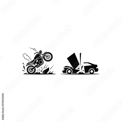 Black Motorcycle Lifting Front Wheel with Car Wreck Isolated on White Background