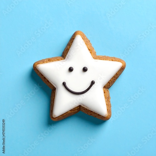 Smiling Star-Shaped Cookie with White Icing on Blue Background