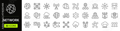 Network Web Icon Set in Line Style. Collection of Information Technology Linear Icons, Including connection, communication, technology, internet, IT, router, signal, wireless and more. Editable Stroke
