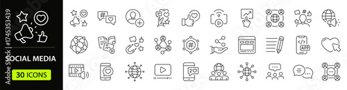 Social Media Web Icon Set in Line Style. Collection of social network Linear Icons ,Including Like, share, blog, comment, media, website, content, business marketing and more. Editable Stroke