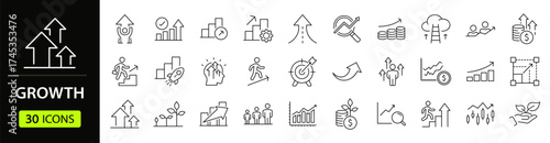 Growth Web Icon Set in Line Style. Collection of Upskill Linear Icons, Including professional, personal, financial growth, progress, career,  arrows up, goal, development and more. Editable Stroke