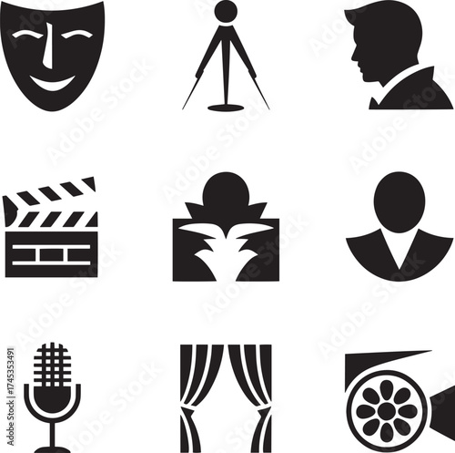 Theatrical mask profile silhouette clapperboard microphone curtains and film camera theatre comedy