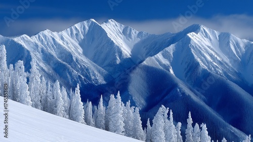 Snow-covered peaks and evergreen trees in a winter mountain landscape during daytime