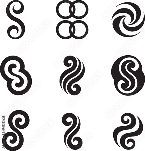 Black abstract swirling shapes and interlocking circles collection