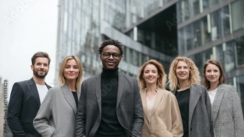 Team of Professionals: A confident and diverse group of business professionals, united against a modern architectural backdrop, exudes ambition, camaraderie and success.