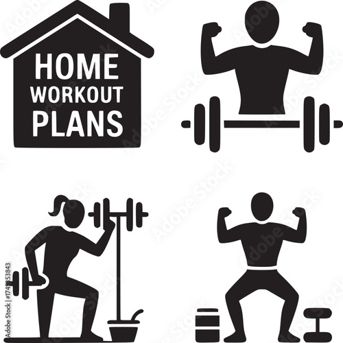 A collage of home workout plans with weightlifting and bodyweight exercises in black and white style