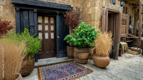 Explore a stunning outdoor area adorned with vibrant plants, clay pots, and unique architecture that creates a welcoming atmosphere