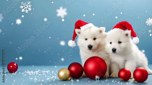 Christmas Puppies: White Pomeranian Spitz Wearing Santa Hats—Adorable Fluffy Tiny Canines with Festive Red Headgear, Perfect for Christmas Photos, Holiday Decor Accents & Cozy Winter Cheer