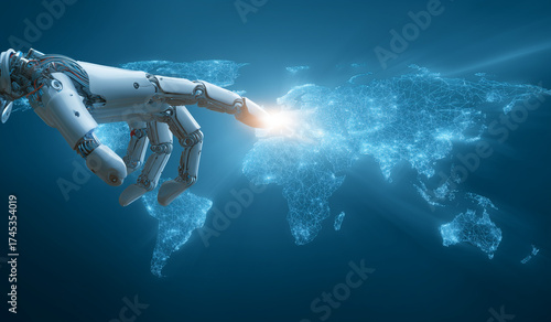 robot hand touching human finger on a digital earth globe with global network connection technology concept, a futuristic robot and artificial intelligence concept