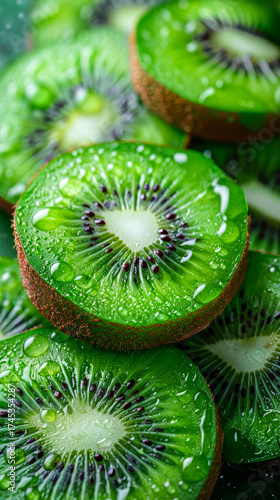 Fresh green kiwi slice with water drops, close-up macro shot showing juicy texture and freshness – 4K image
