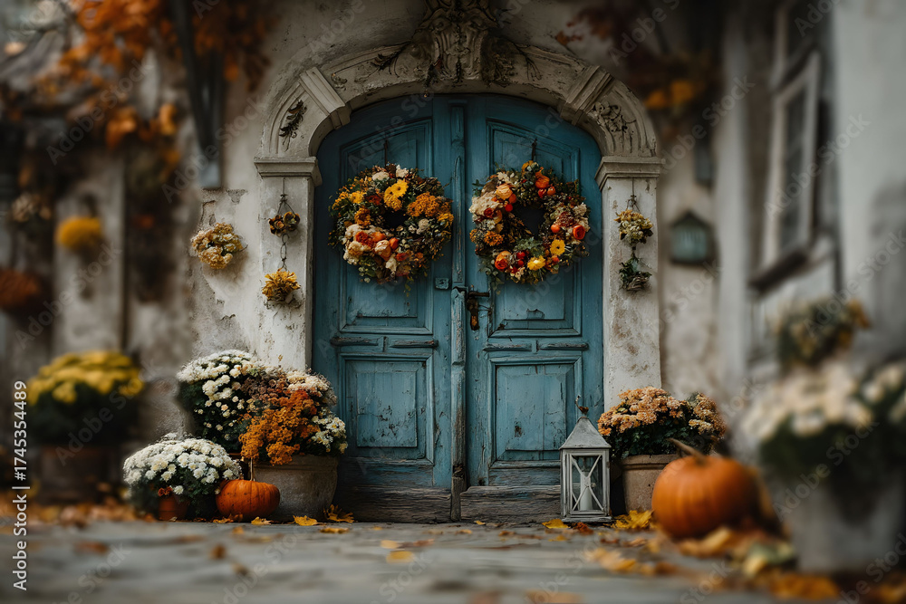Obraz premium Rustic Autumn Decor: Harvest Door with Floral Wreaths and Pumpkins for Cozy Holiday Ambiance