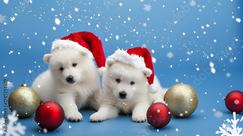 Christmas Puppies: White Pomeranian Spitz Wearing Santa Hats—Adorable Fluffy Tiny Canines with Festive Red Headgear, Perfect for Christmas Photos, Holiday Decor Accents & Cozy Winter Cheer