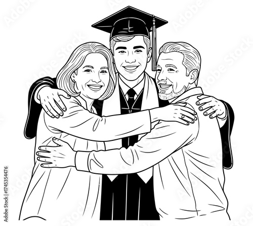 Proud Parents Embrace Their Accomplished Graduate in Cap and Gown, a Heartwarming Scene of Educational Achievement and Family Celebration
