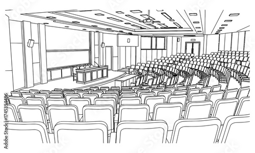 Clean line illustration of a modern, empty lecture hall interior, perfect for university education, corporate seminars, and large academic presentations