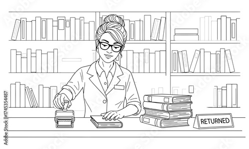 Librarian stamping book and organizing returned books on counter with bookshelves in the background black and white illustration