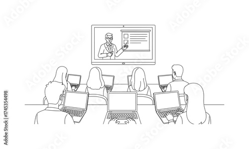 Online Learning and Education People Attending a Virtual Lecture, Using Laptops, and Learning From a Professor on a Screen