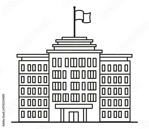 A precise line art illustration of a grand government building, representing authority, law, and civic administration in a clean vector icon