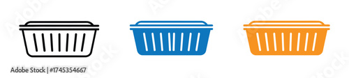 Versatile basket icons in black, blue, and orange offer simple storage solutions for home, retail, or organization projects, showcasing clean design for modern appeal.