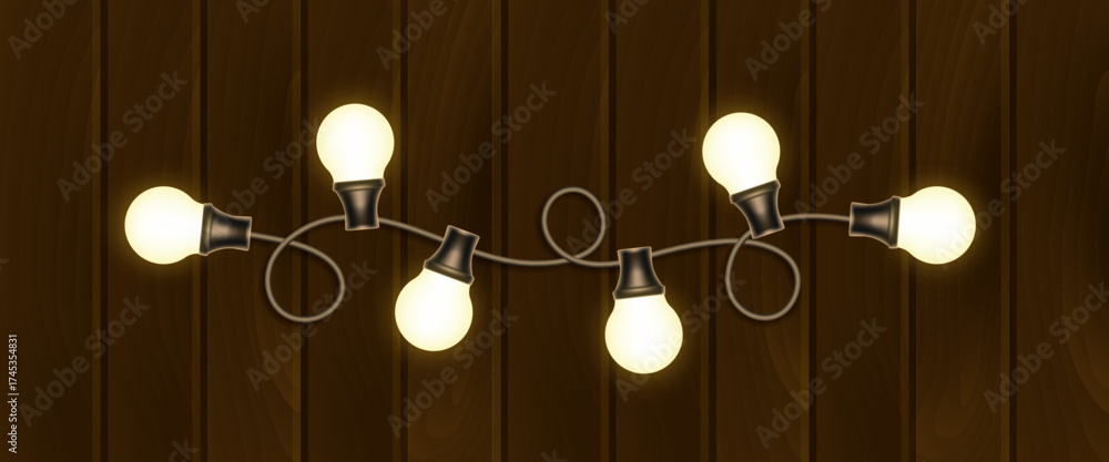 Fototapeta premium Led light bulbs border. LED Christmas String Lights. Garland vector illustration