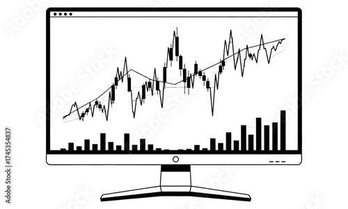 Financial trading visualization on a computer monitor, displaying stock market trends, charts, and graphs, with data analysis representation and investment insights